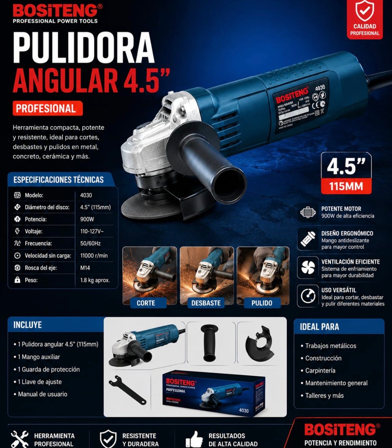 Pulidora Angular de 4.5" (115 mm) Profesional BOSITENG - Modelo 4030
